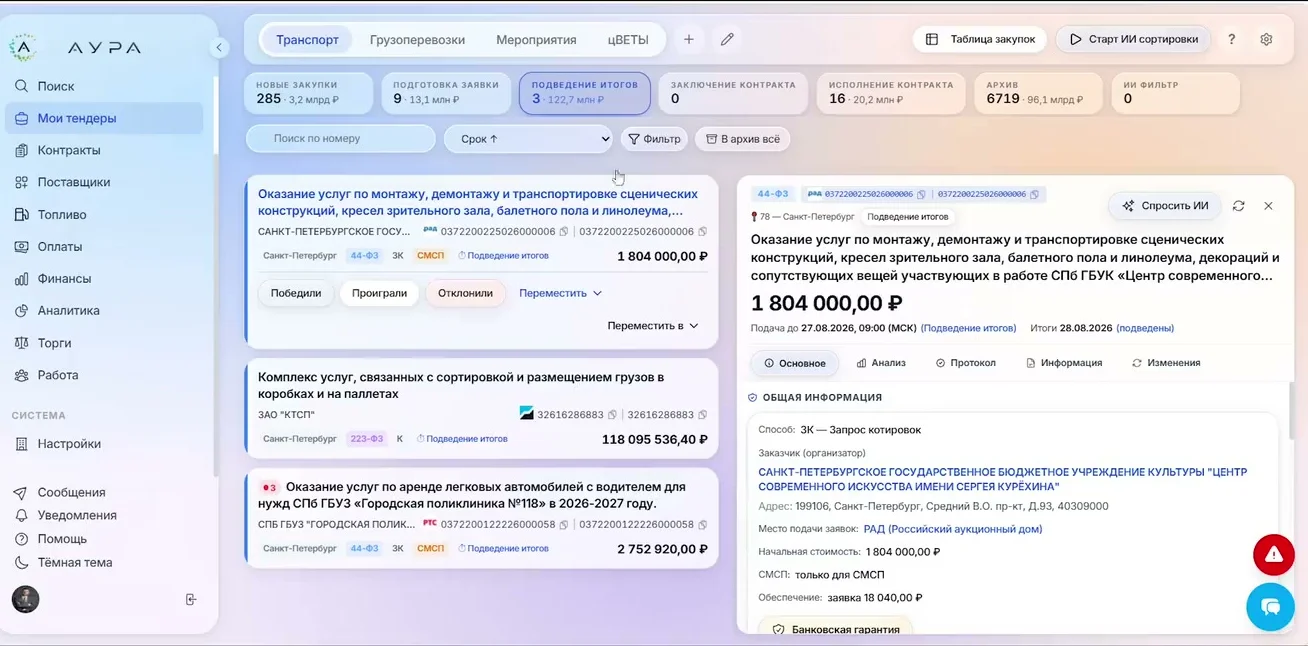 «Мои тендеры»: панели по направлениям и этапы воронки